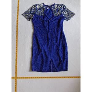 Vintage Laurence Kazar Sequin Beaded Blue Large L Silk Dress 80s 90s Eveningwear